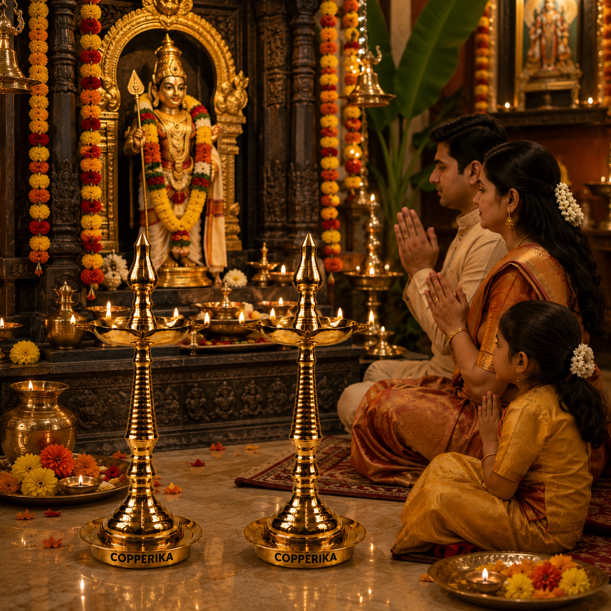 Copperika Pure Brass Diya Kerala Samai 15 Inch (Set of 2) Heavy Build | Traditional Oil Lamp Deepak Lamp Kutthu vilakku Panchmahal Deepam for Pooja Mandir Diwali Indian Puja Wedding Return Gift Items
