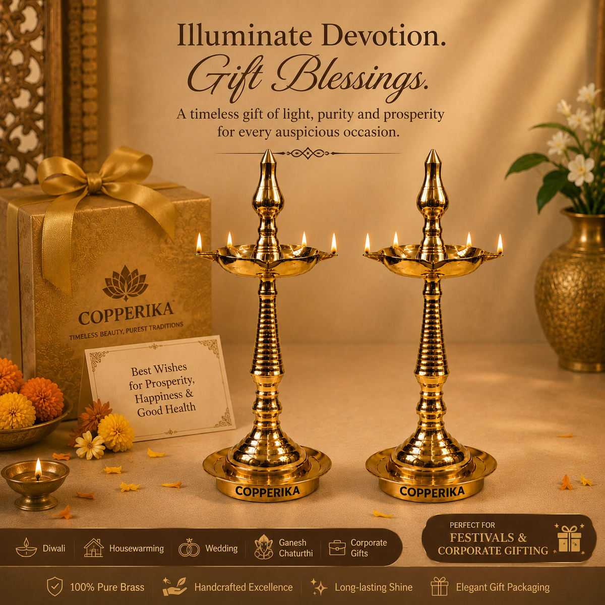 Copperika Pure Brass Diya Kerala Samai 15 Inch (Set of 2) Heavy Build | Traditional Oil Lamp Deepak Lamp Kutthu vilakku Panchmahal Deepam for Pooja Mandir Diwali Indian Puja Wedding Return Gift Items