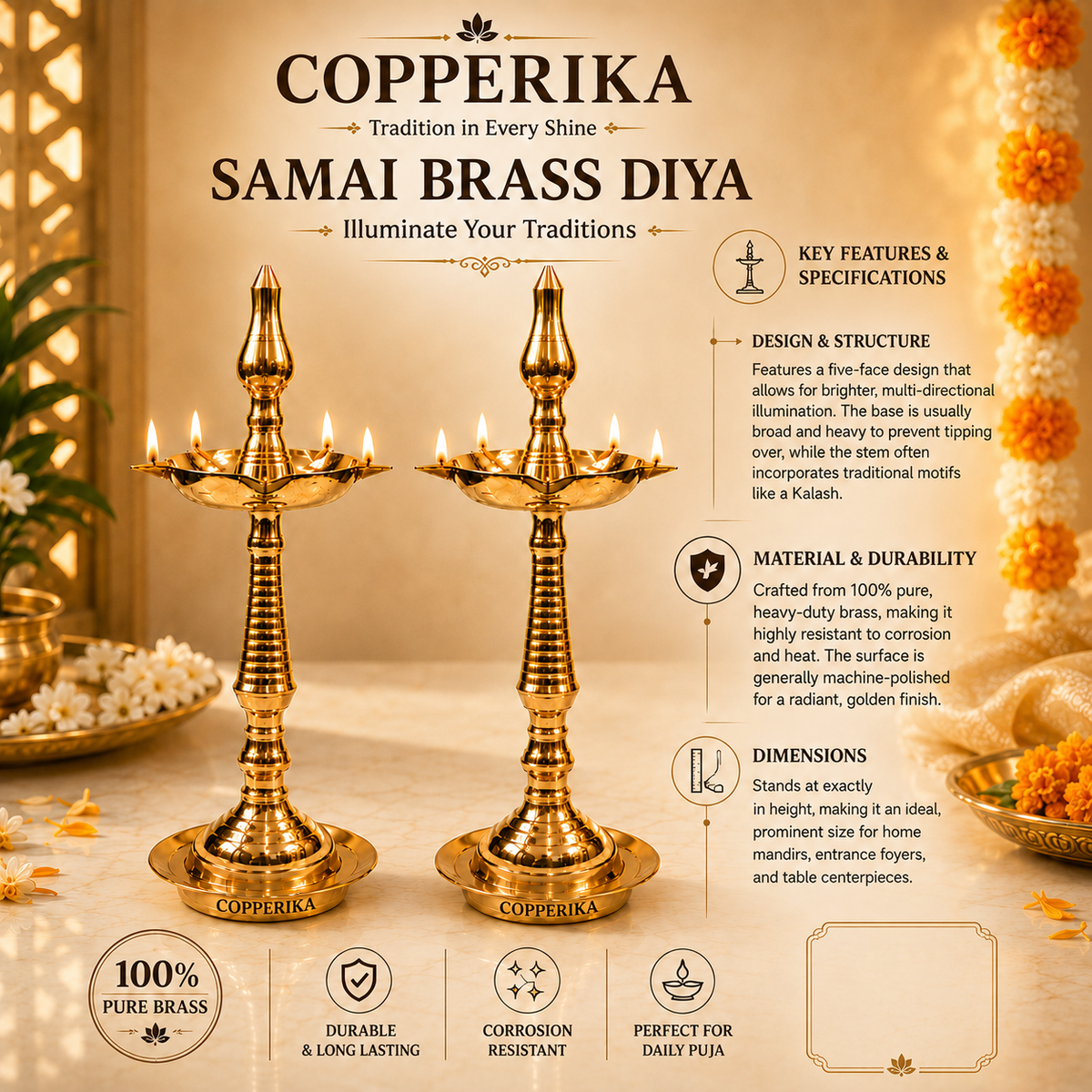 Copperika Pure Brass Diya Kerala Samai 15 Inch (Set of 2) Heavy Build | Traditional Oil Lamp Deepak Lamp Kutthu vilakku Panchmahal Deepam for Pooja Mandir Diwali Indian Puja Wedding Return Gift Items