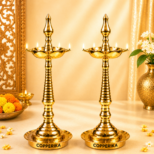Copperika Pure Brass Diya Kerala Samai 12 Inch (Set of 2) Heavy Build | Traditional Oil Lamp Deepak Lamp Kutthu vilakku Panchmahal Deepam for Pooja Mandir Diwali Indian Puja Wedding Return Gift Items
