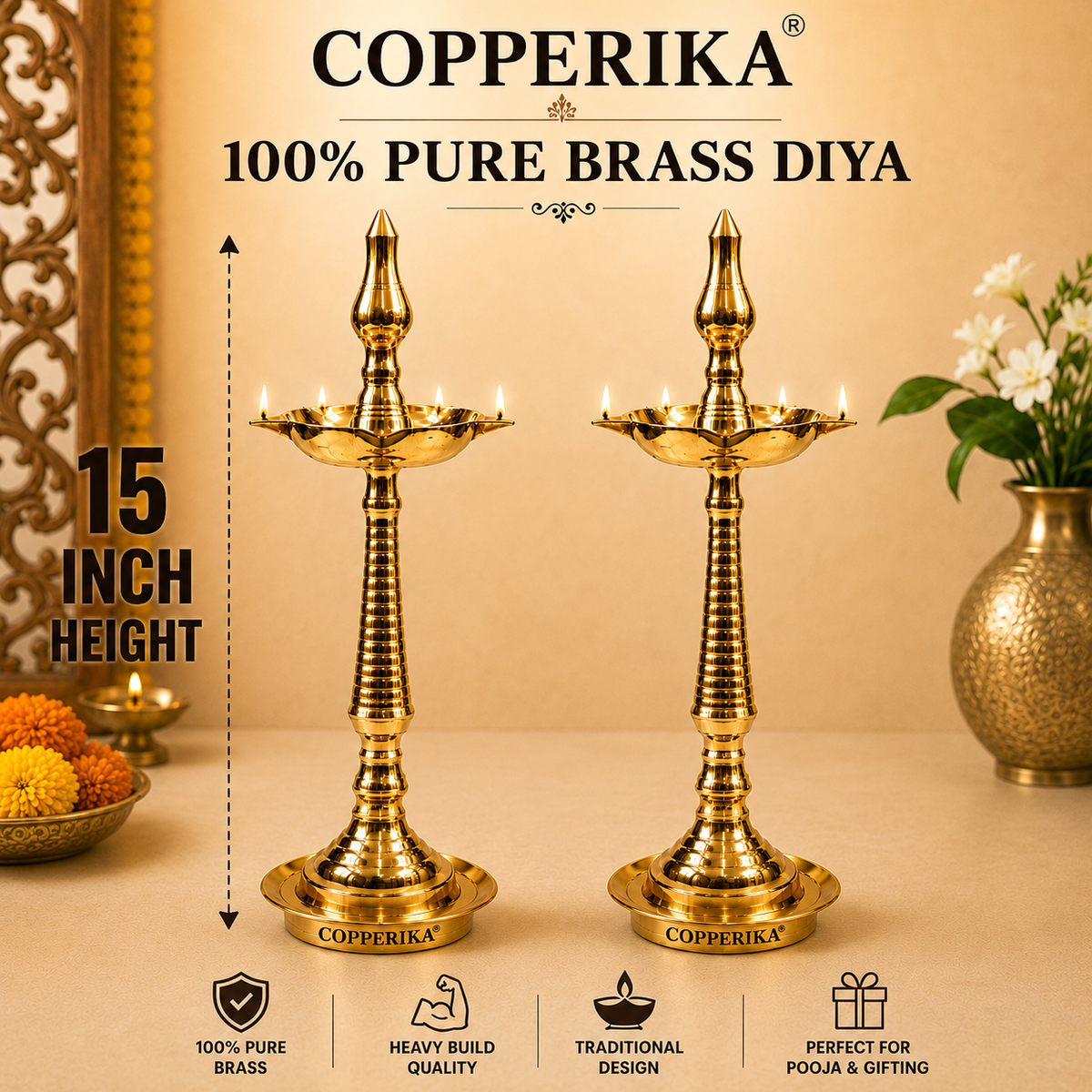 Copperika Pure Brass Diya Kerala Samai 15 Inch (Set of 2) Heavy Build | Traditional Oil Lamp Deepak Lamp Kutthu vilakku Panchmahal Deepam for Pooja Mandir Diwali Indian Puja Wedding Return Gift Items