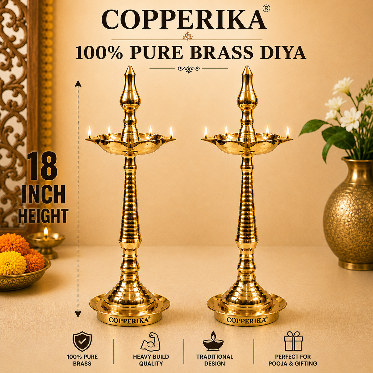 Copperika Pure Brass Diya Kerala Samai 19 Inch (Set of 2) Heavy Build | Traditional Oil Lamp Deepak Lamp Kutthu vilakku Panchmahal Deepam for Pooja Mandir Diwali Indian Puja Wedding Return Gift Items