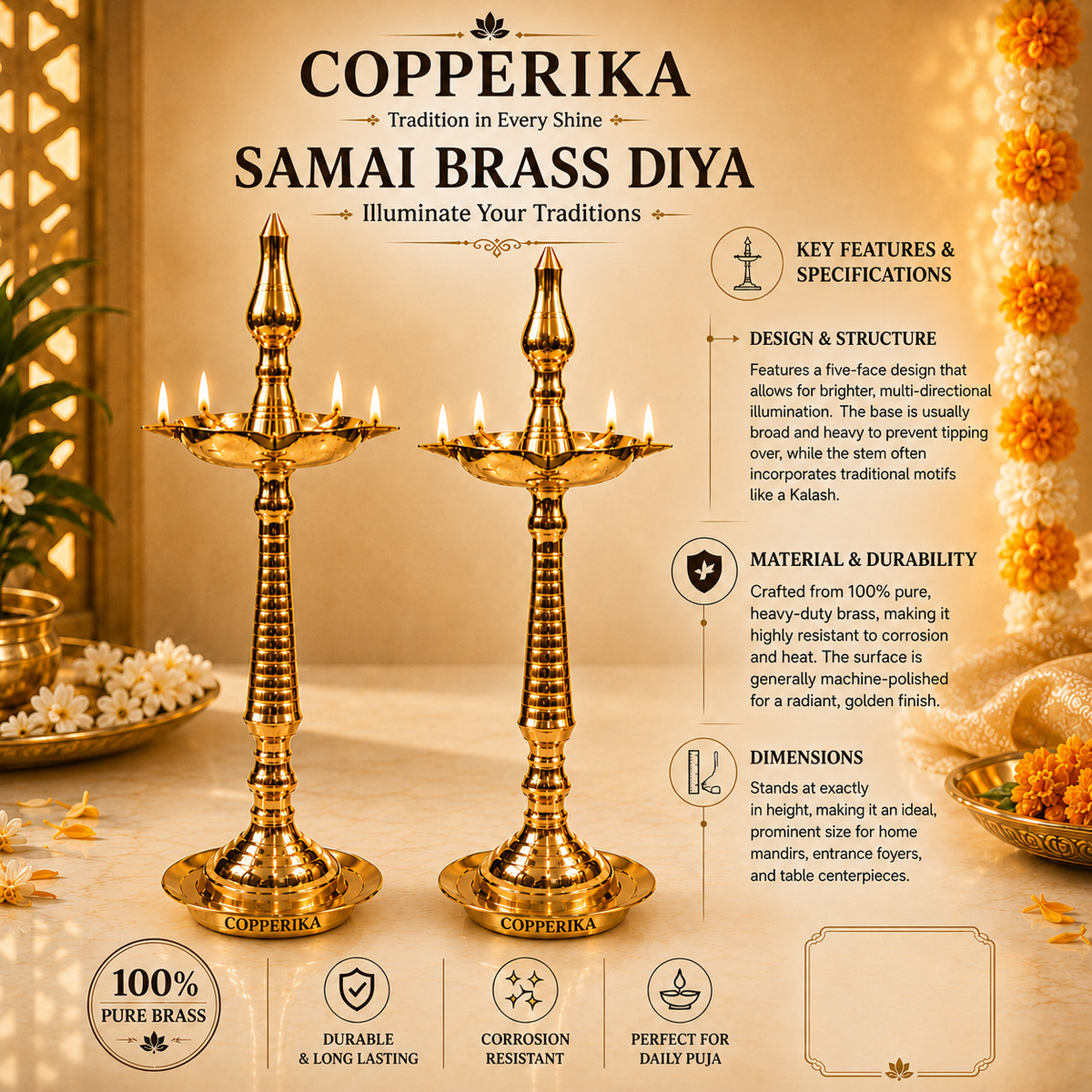 Copperika Pure Brass Diya Kerala Samai 15 Inch (Set of 2) Heavy Build | Traditional Oil Lamp Deepak Lamp Kutthu vilakku Panchmahal Deepam for Pooja Mandir Diwali Indian Puja Wedding Return Gift Items