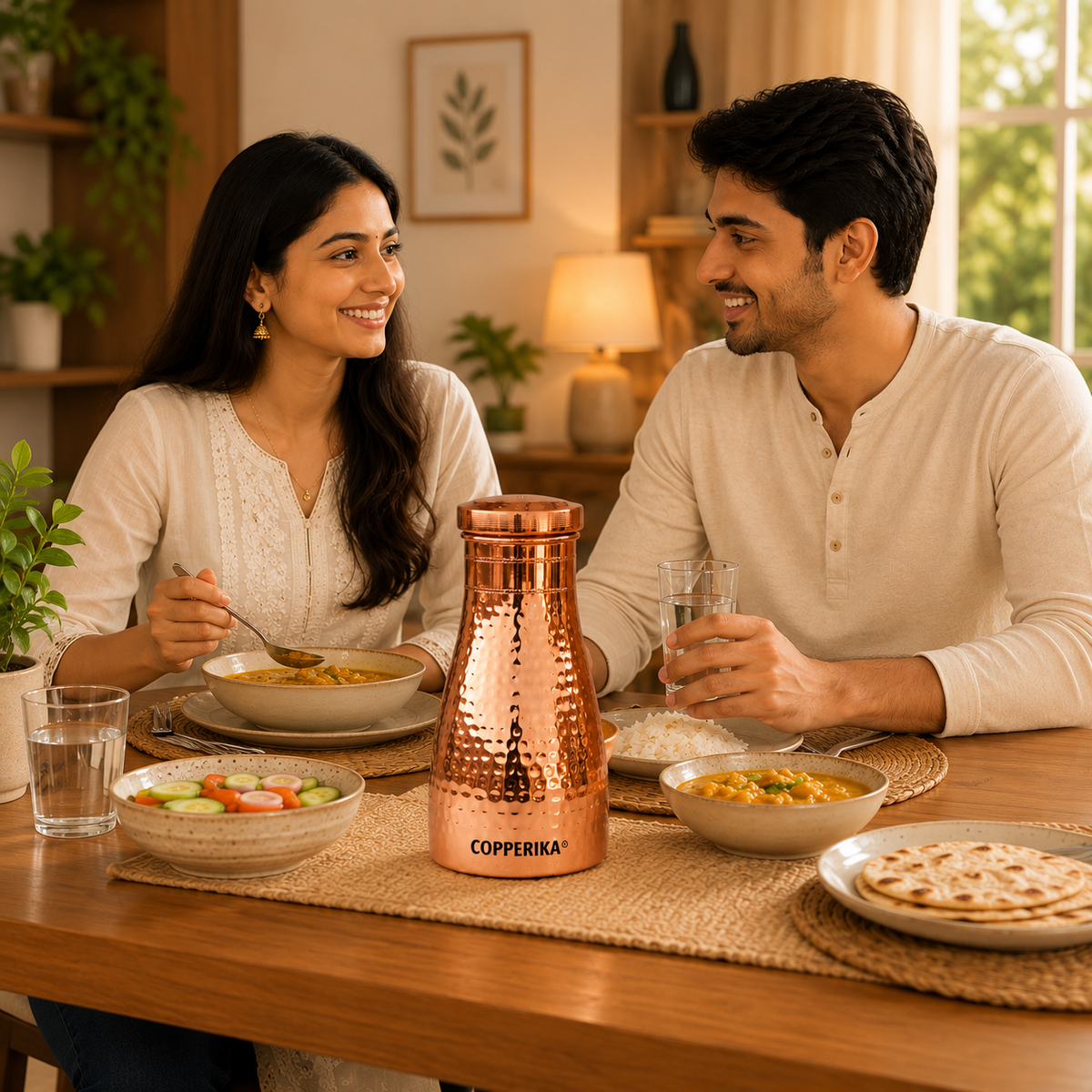 Copperika® Export Quality Bedroom Jar Hammered Diwali Gift Set Copper Water Bottle 1000ml + Copper Glass (Pack of 2-300ml Each) Original Heavy Build | BPA Free with Ayurvedic & Other Health Benefit