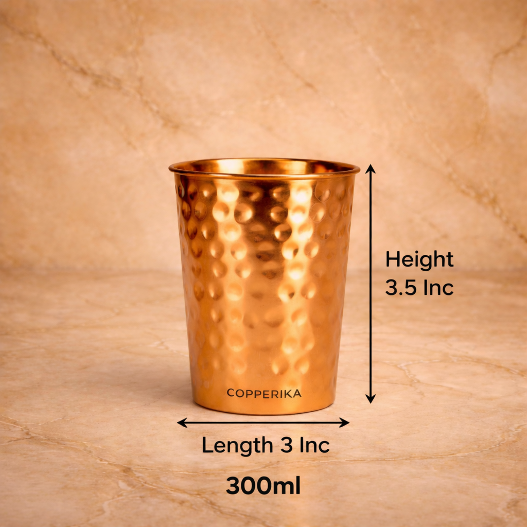 Copperika® Export Quality Bedroom Jar Hammered Diwali Gift Set Copper Water Bottle 1000ml + Copper Glass (Pack of 2-300ml Each) Original Heavy Build | BPA Free with Ayurvedic & Other Health Benefit