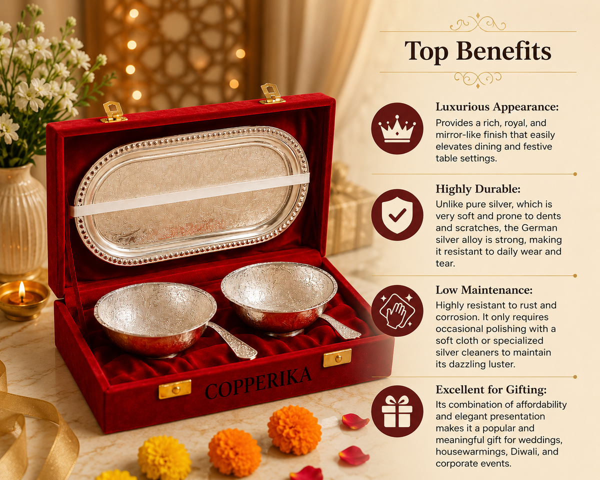 Copperika® German Silver Round Bowl with Tray & Spoon with Royal Velvet Box Return Gift Item White Metal Brass Material for Dry Fruit & Sweets