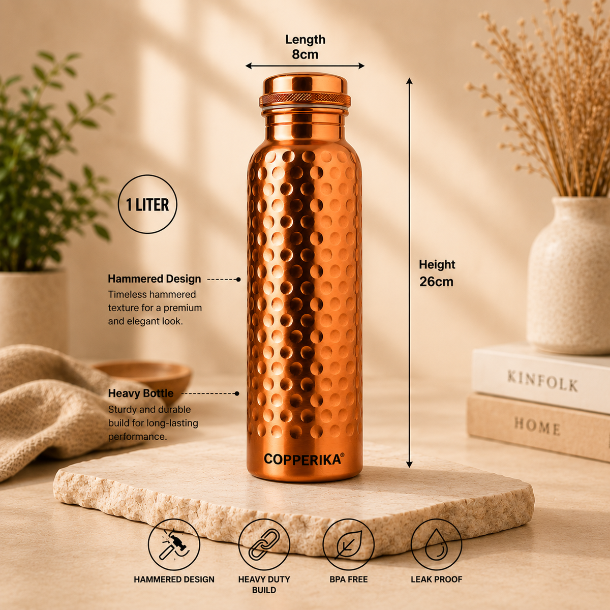 Copperika® Hammered Polish Copper Water Bottle 1 Litre (1000ml) Original Heavy Build | BPA Free | 100% Leak Proof With Ayurvedic & Other Health Benefits For Home, Office, & Travel