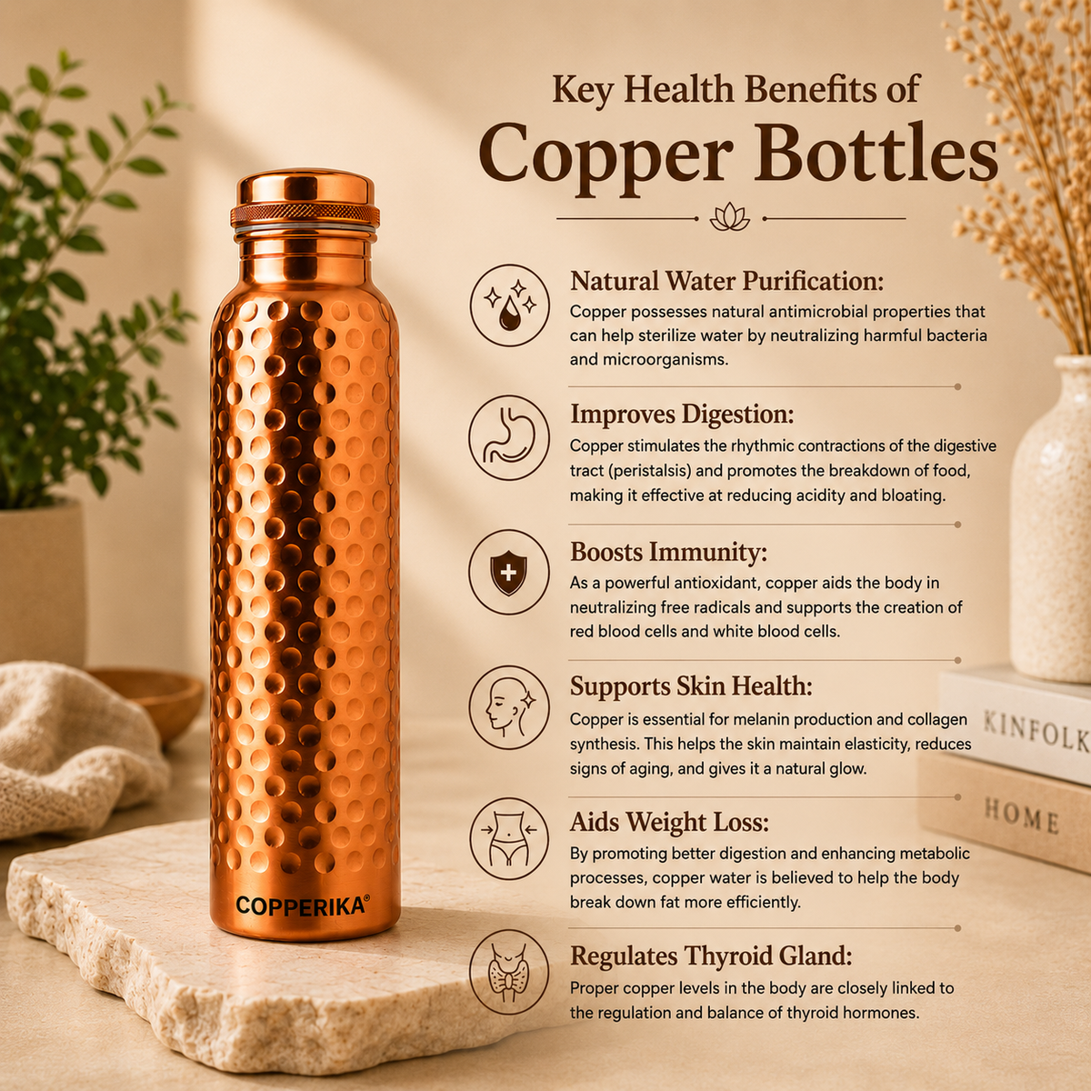 Copperika® Hammered Polish Copper Water Bottle 1 Litre (1000ml) Original Heavy Build | BPA Free | 100% Leak Proof With Ayurvedic & Other Health Benefits For Home, Office, & Travel
