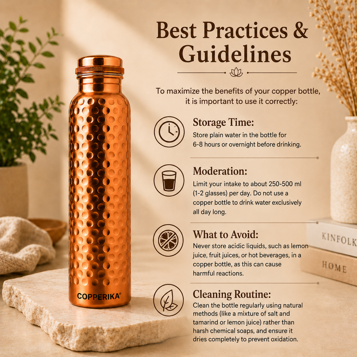Copperika® Hammered Polish Copper Water Bottle 1 Litre (1000ml) Original Heavy Build | BPA Free | 100% Leak Proof With Ayurvedic & Other Health Benefits For Home, Office, & Travel