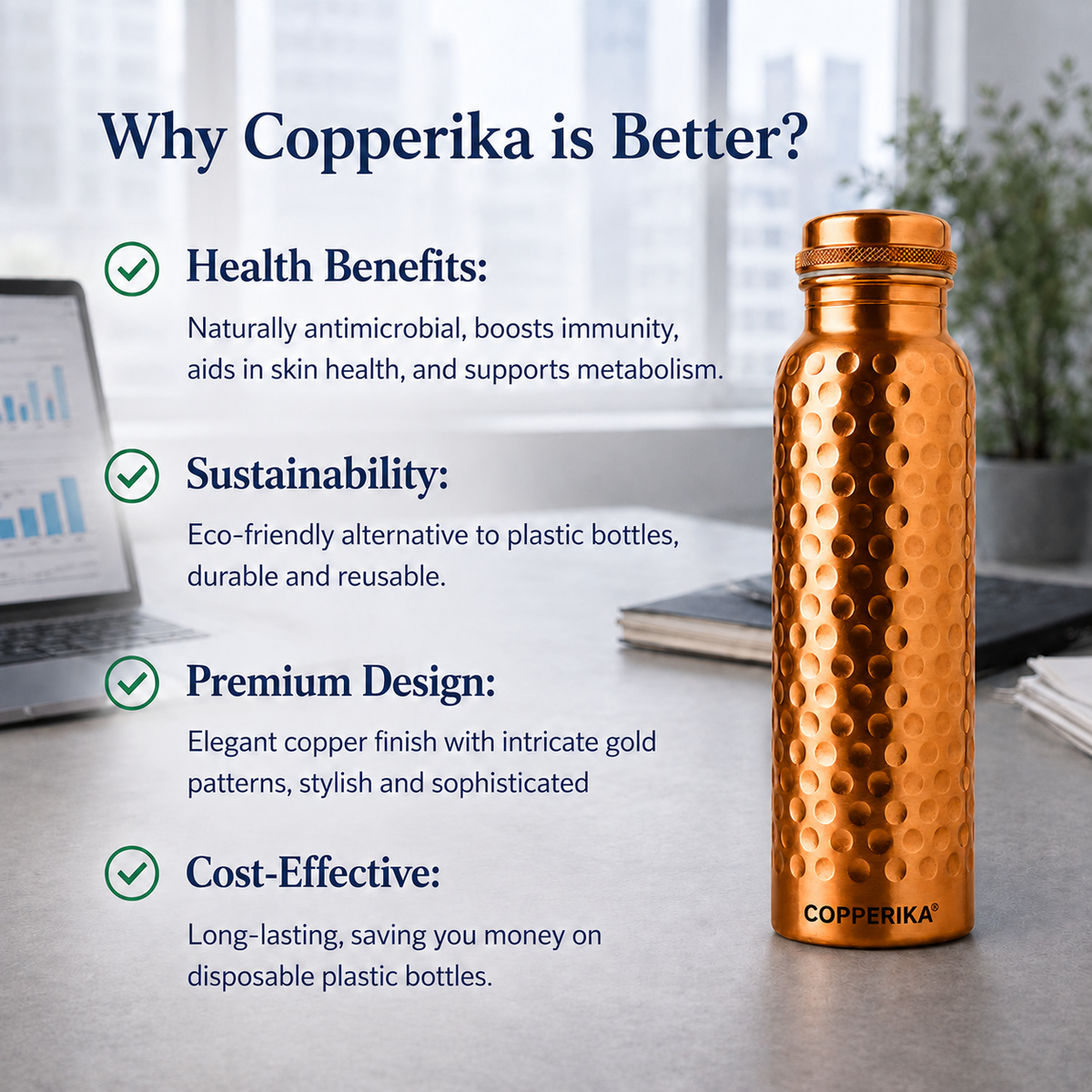 Copperika® Hammered Polish Copper Water Bottle 1 Litre (1000ml) Original Heavy Build | BPA Free | 100% Leak Proof With Ayurvedic & Other Health Benefits For Home, Office, & Travel