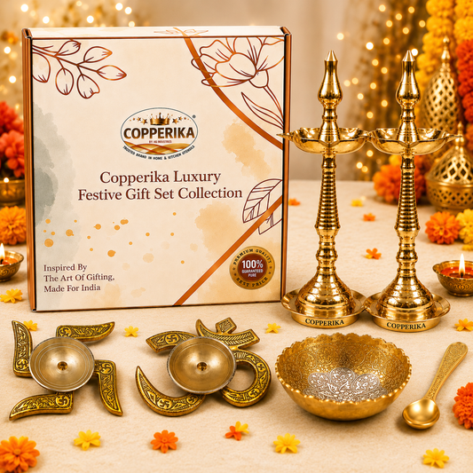 Copperika® Gift Hamper 100% Pure Brass Diya Kerala Samai 12 Inch (Set of 2) | Metal Om & Swastik Diya | Metal Bowl & Spoon | Oil Lamp Deepam Lamp Kutthu vilakku for Pooja Mandir Diwali Puja Ganesh Chaturthi