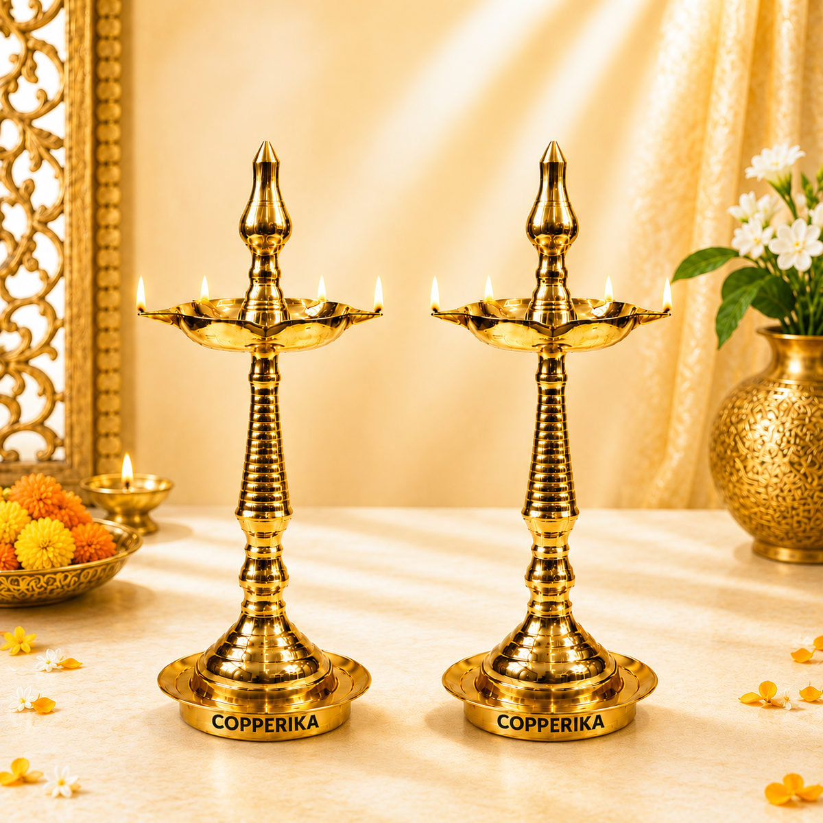 Copperika Pure Brass Diya Kerala Samai (Set of 2) Heavy Build | Traditional Oil Lamp Deepak Lamp Kutthu vilakku Panchmahal Deepam for Pooja Mandir Diwali Indian Puja Wedding Return Gift Items
