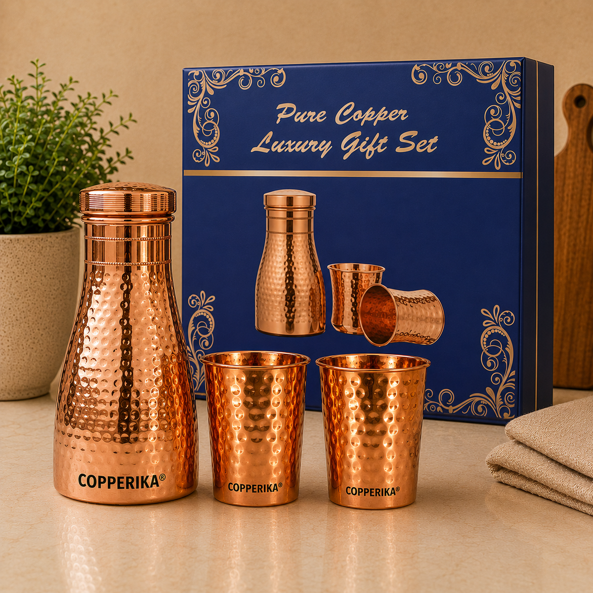 Copperika® Export Quality Bedroom Jar Hammered Diwali Gift Set Copper Water Bottle 1000ml + Copper Glass (Pack of 2-300ml Each) Original Heavy Build | BPA Free with Ayurvedic & Other Health Benefit