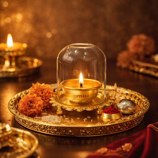 Copperika Brass Akhand Jyoti Diya Oil Lamp with Adjustable Bati Knob | Lifting Screw Wick Holder & Borosilicate Glass Cover | Brass Diya Stay Lit for 48 Hours