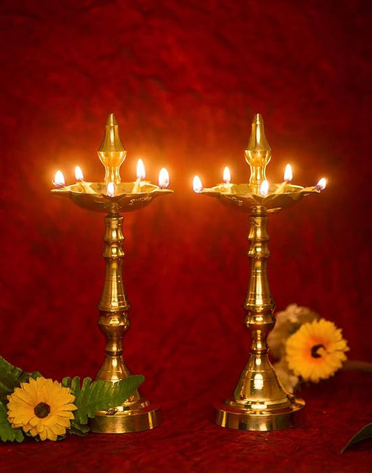 Copperika Pure Brass Diya Kerala Samai 19 Inch (Set of 2) Heavy Build | Traditional Oil Lamp Deepak Lamp Kutthu vilakku Panchmahal Deepam for Pooja Mandir Diwali Indian Puja Wedding Return Gift Items