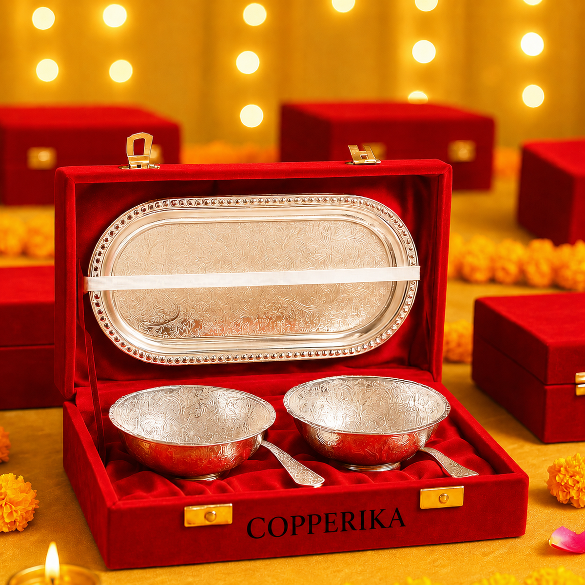 Copperika® German Silver Round Bowl with Tray & Spoon with Royal Velvet Box Return Gift Item White Metal Brass Material for Dry Fruit & Sweets