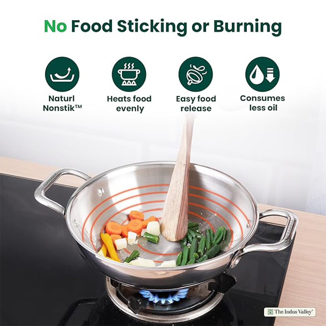 Copperika TriPro TriPly Stainless Steel 24cm Kadai with Stainless Steel Lid, 3 Litres Kadhai with Lid| Metal Spatula Friendly| Easy to Clean| Heavy Build| Induction Bottom and Gas Stove Ready - Silver