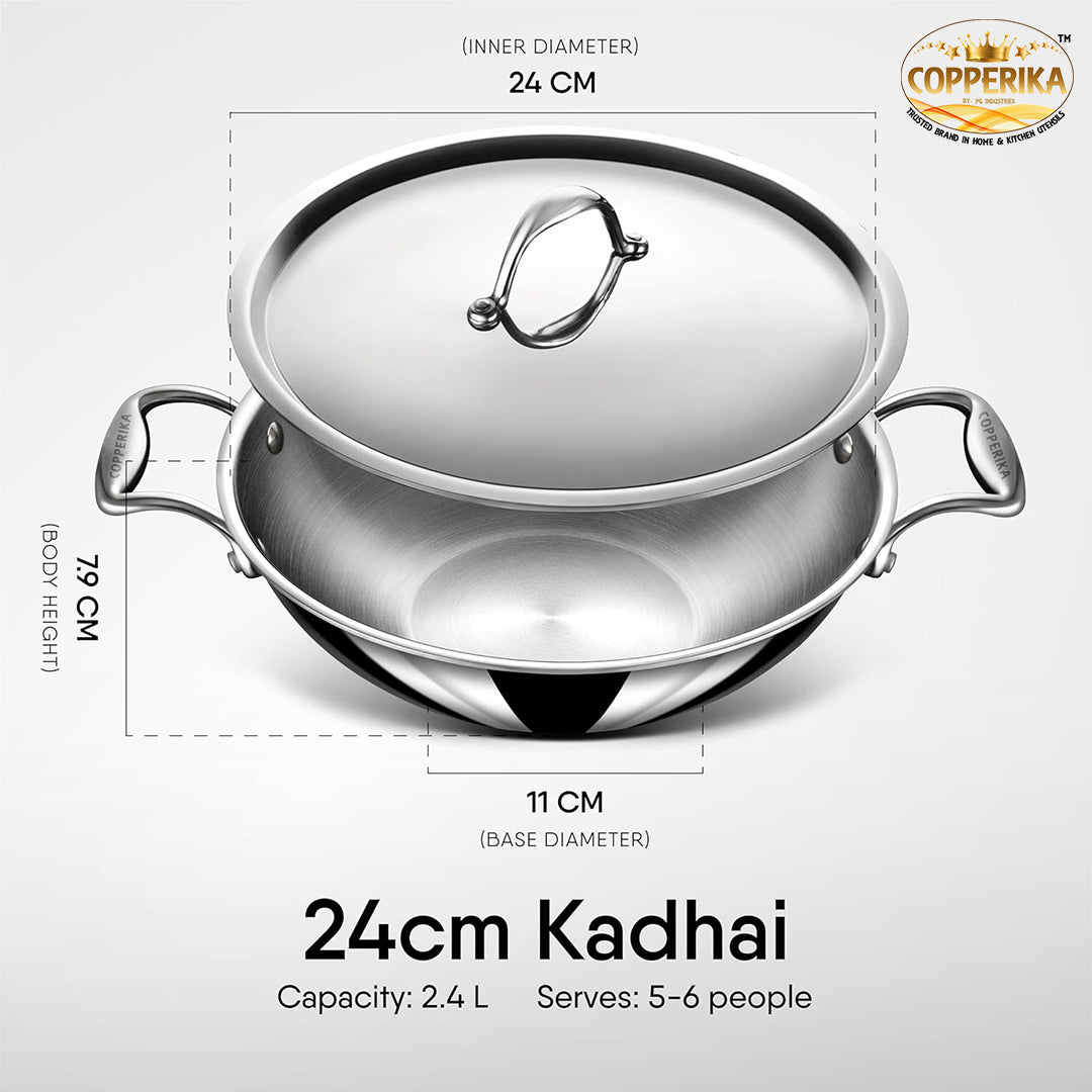 Copperika TriPro TriPly Stainless Steel 24cm Kadai with Stainless Steel Lid, 3 Litres Kadhai with Lid| Metal Spatula Friendly| Easy to Clean| Heavy Build| Induction Bottom and Gas Stove Ready - Silver