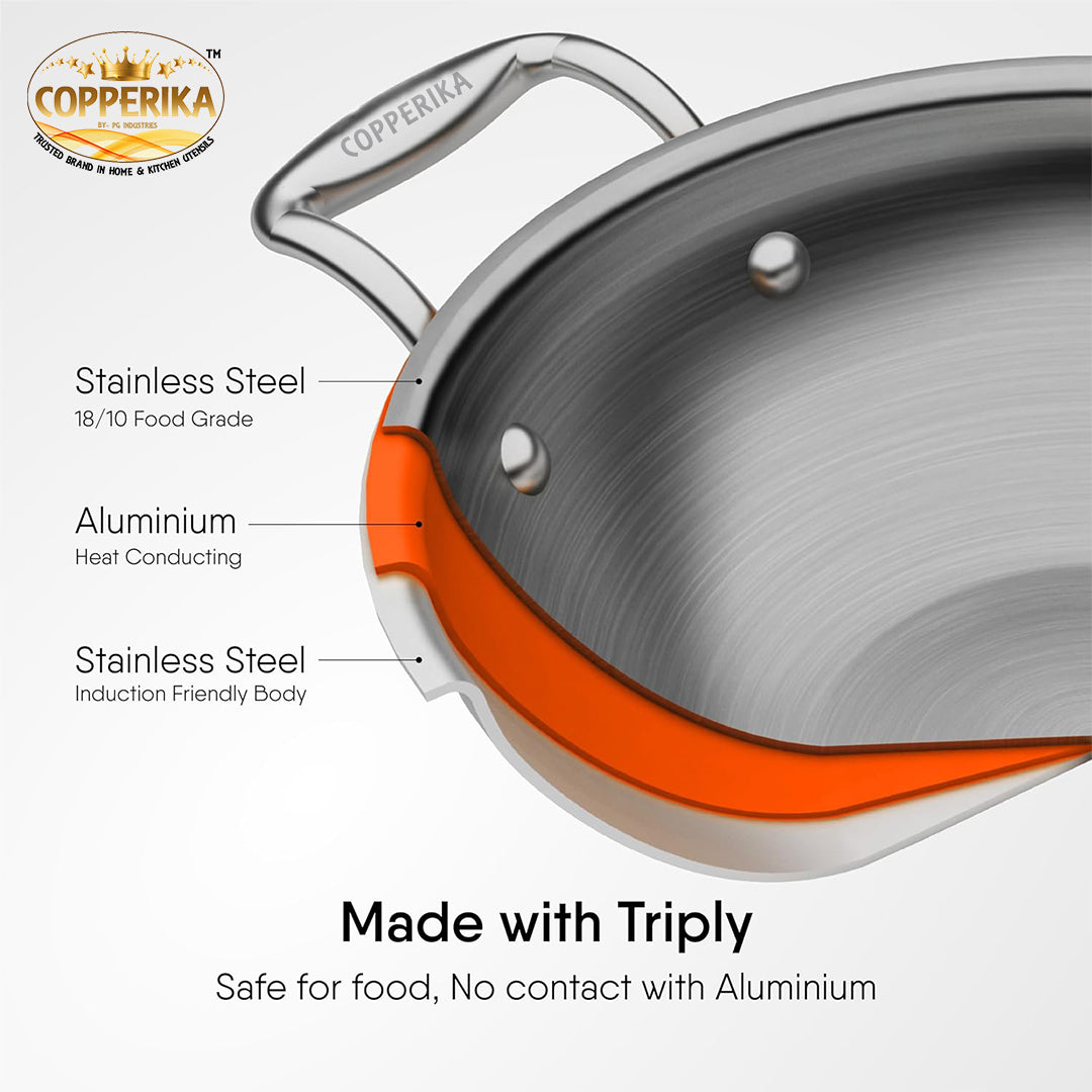 Copperika TriPro TriPly Stainless Steel 24cm Kadai with Stainless Steel Lid, 3 Litres Kadhai with Lid| Metal Spatula Friendly| Easy to Clean| Heavy Build| Induction Bottom and Gas Stove Ready - Silver