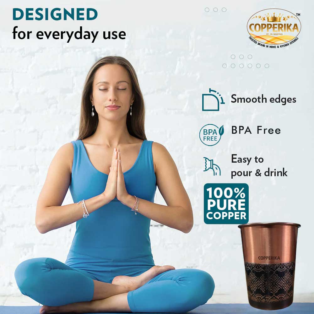 Copperika Half Antique Design Original 100% Pure Copper Glass | Volume- 300 ml | Drinking Serving Water | Heavy Build | Eco Friendly with Ayurvedic & Other Health Benefits