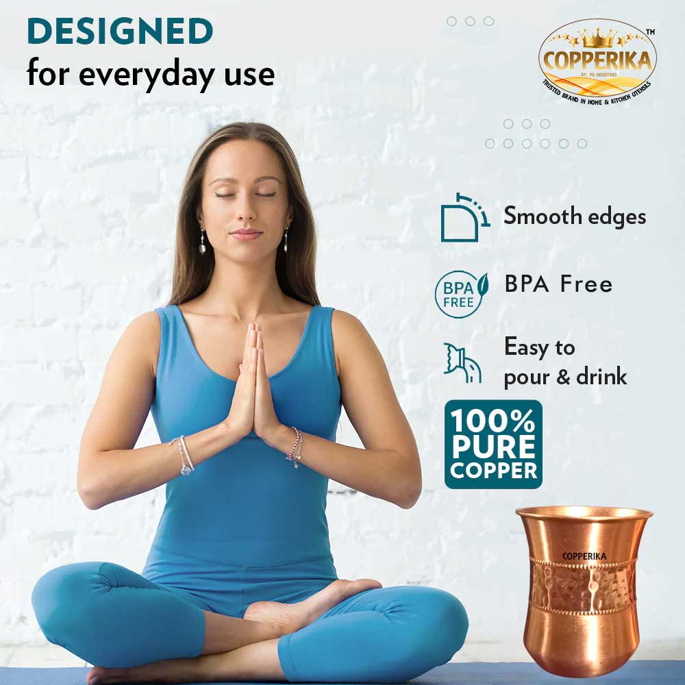 Copperika Original 100% Pure Copper Half Hammered Glass with Matt Finish Design Volume- 300 ml Each | Drinking Serving Water | Heavy Build | Eco Friendly with Ayurvedic & Other Health Benefits