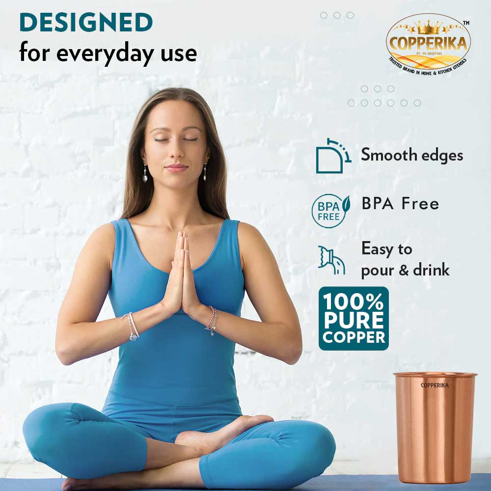 Copperika Original 100% Pure Copper Plain Glass with Matt Finish Design Volume- 300 ml Each | Drinking Serving Water | Heavy Build | Eco Friendly with Ayurvedic & Other Health Benefits