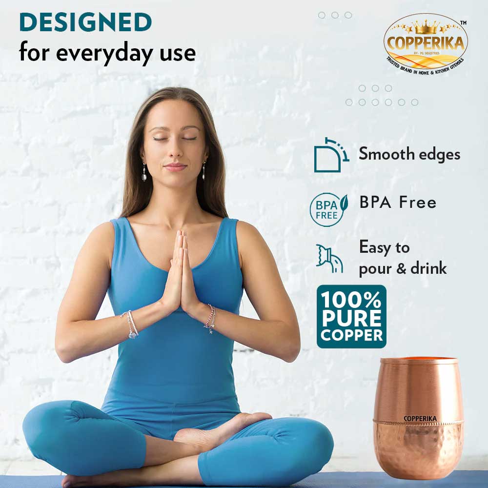 Copperika Original 100% Pure Copper Damru Half Hammered Glass with Matt Finish Design Volume- 300 ml Each | Drinking Serving Water | Heavy Build | Eco Friendly with Ayurvedic & Other Health Benefits