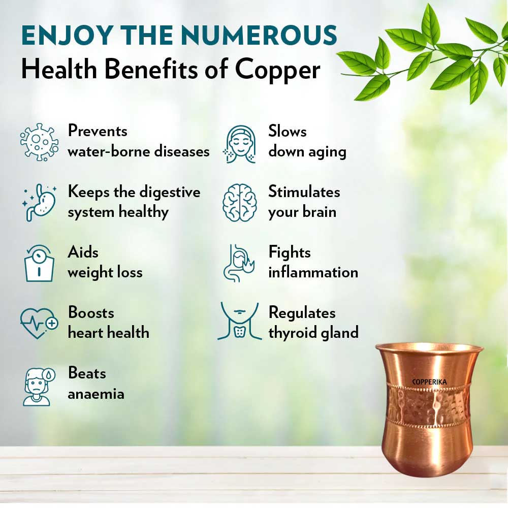 Copperika Original 100% Pure Copper Half Hammered Glass with Matt Finish Design Volume- 300 ml Each | Drinking Serving Water | Heavy Build | Eco Friendly with Ayurvedic & Other Health Benefits