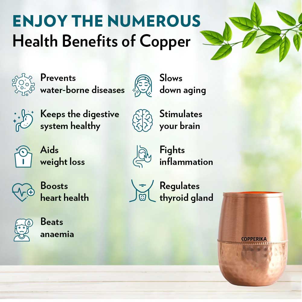 Copperika Original 100% Pure Copper Damru Half Hammered Glass with Matt Finish Design Volume- 300 ml Each | Drinking Serving Water | Heavy Build | Eco Friendly with Ayurvedic & Other Health Benefits