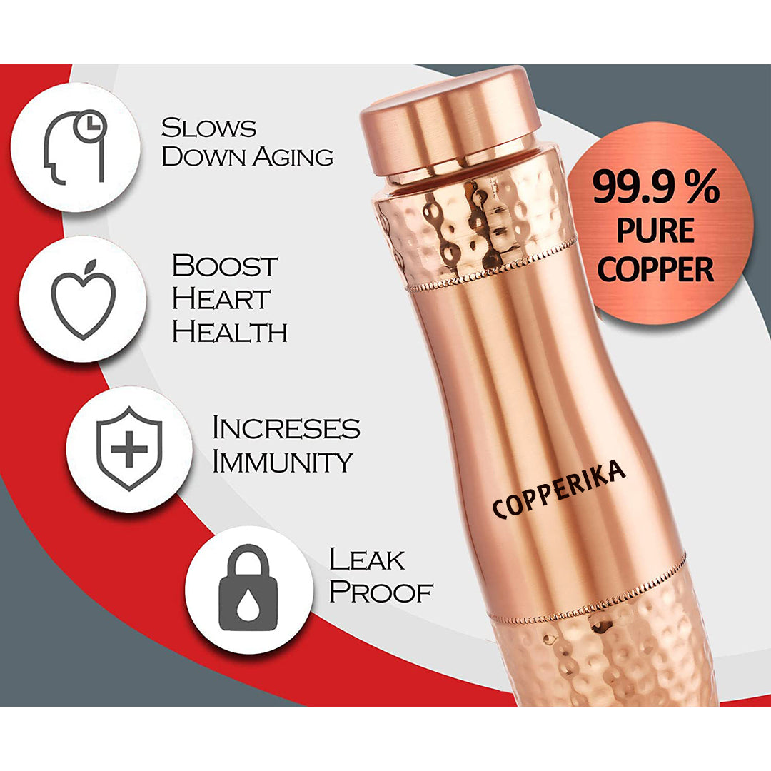 Copperika Premium Gift Set Pure Copper Water Bottle 1000ml + Copper Glass (Pack of 2-300ml Each) Original Heavy Build |BPA Free With Ayurvedic & Other Health Benefits For Home, Office, & Travel