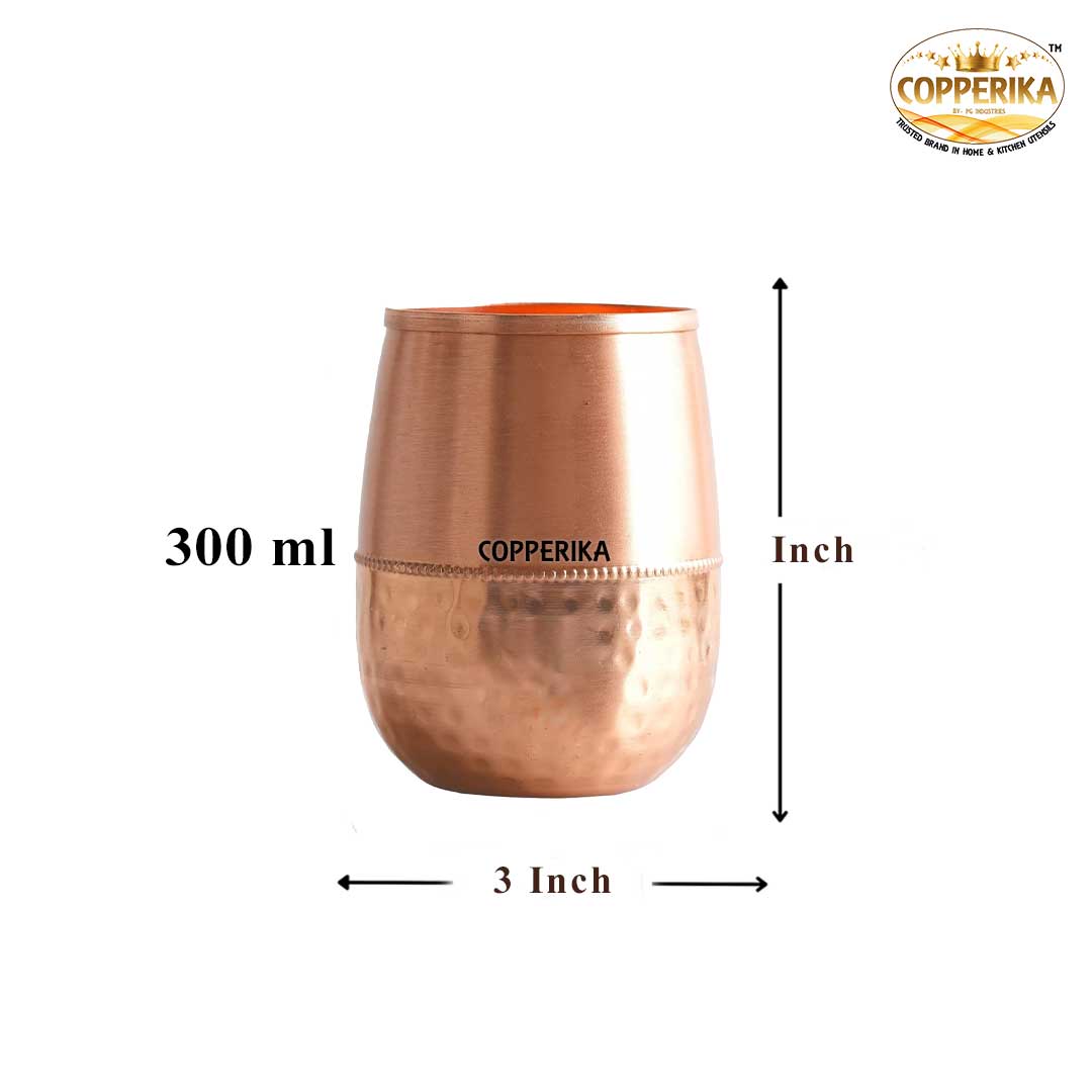 Copperika Original 100% Pure Copper Damru Half Hammered Glass with Matt Finish Design Volume- 300 ml Each | Drinking Serving Water | Heavy Build | Eco Friendly with Ayurvedic & Other Health Benefits