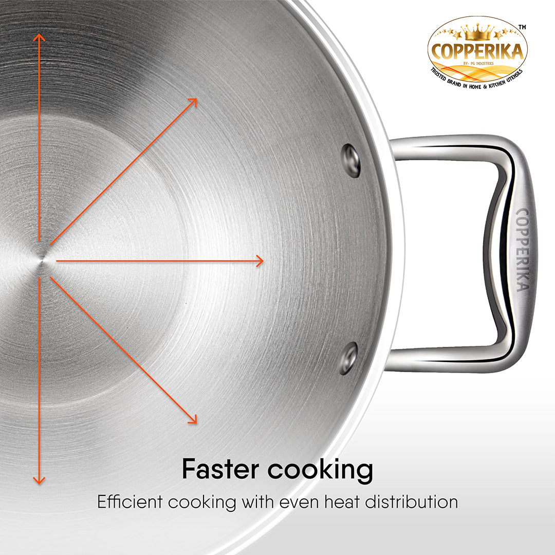 Copperika TriPro TriPly Stainless Steel 24cm Kadai with Stainless Steel Lid, 3 Litres Kadhai with Lid| Metal Spatula Friendly| Easy to Clean| Heavy Build| Induction Bottom and Gas Stove Ready - Silver