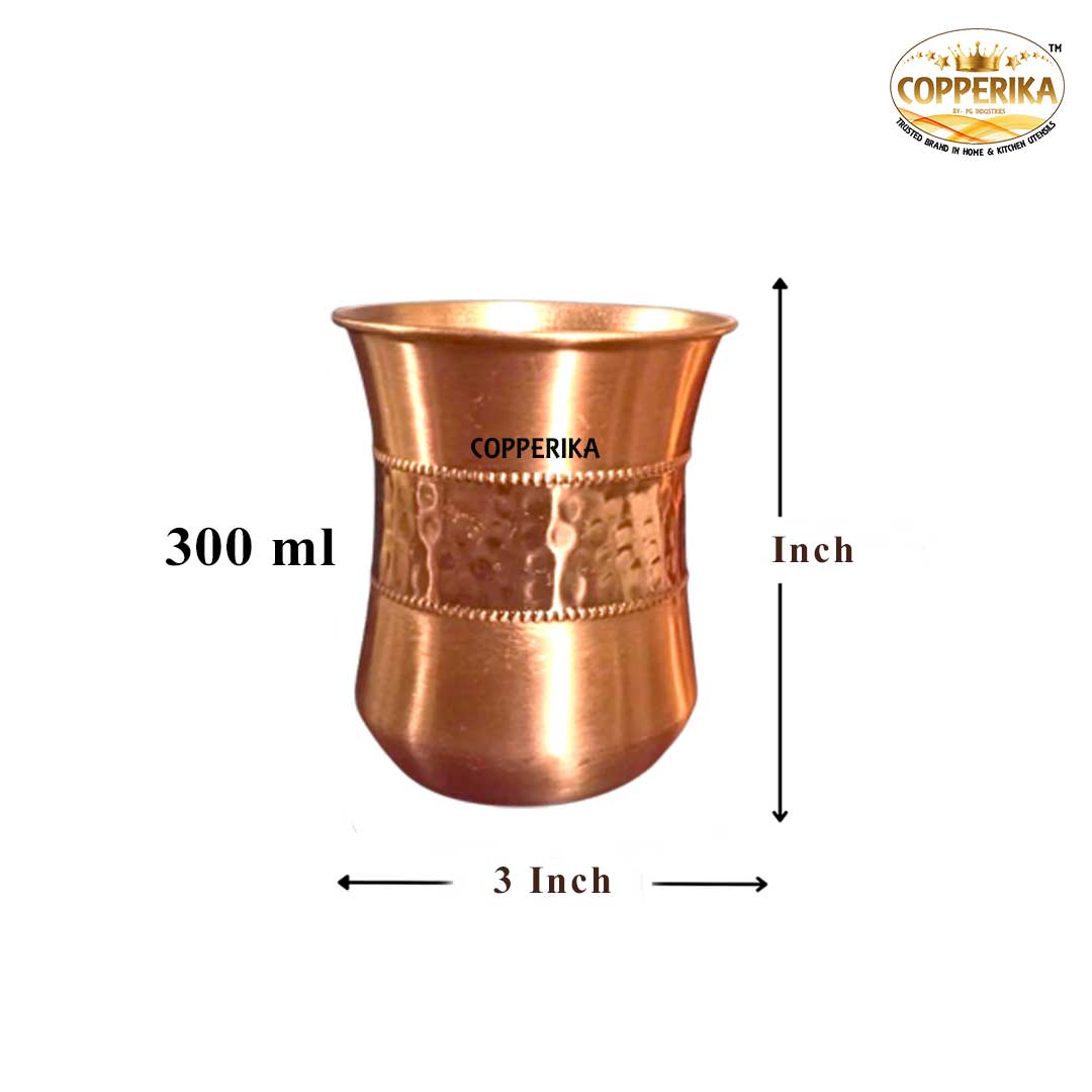 Copperika Original 100% Pure Copper Half Hammered Glass with Matt Finish Design Volume- 300 ml Each | Drinking Serving Water | Heavy Build | Eco Friendly with Ayurvedic & Other Health Benefits