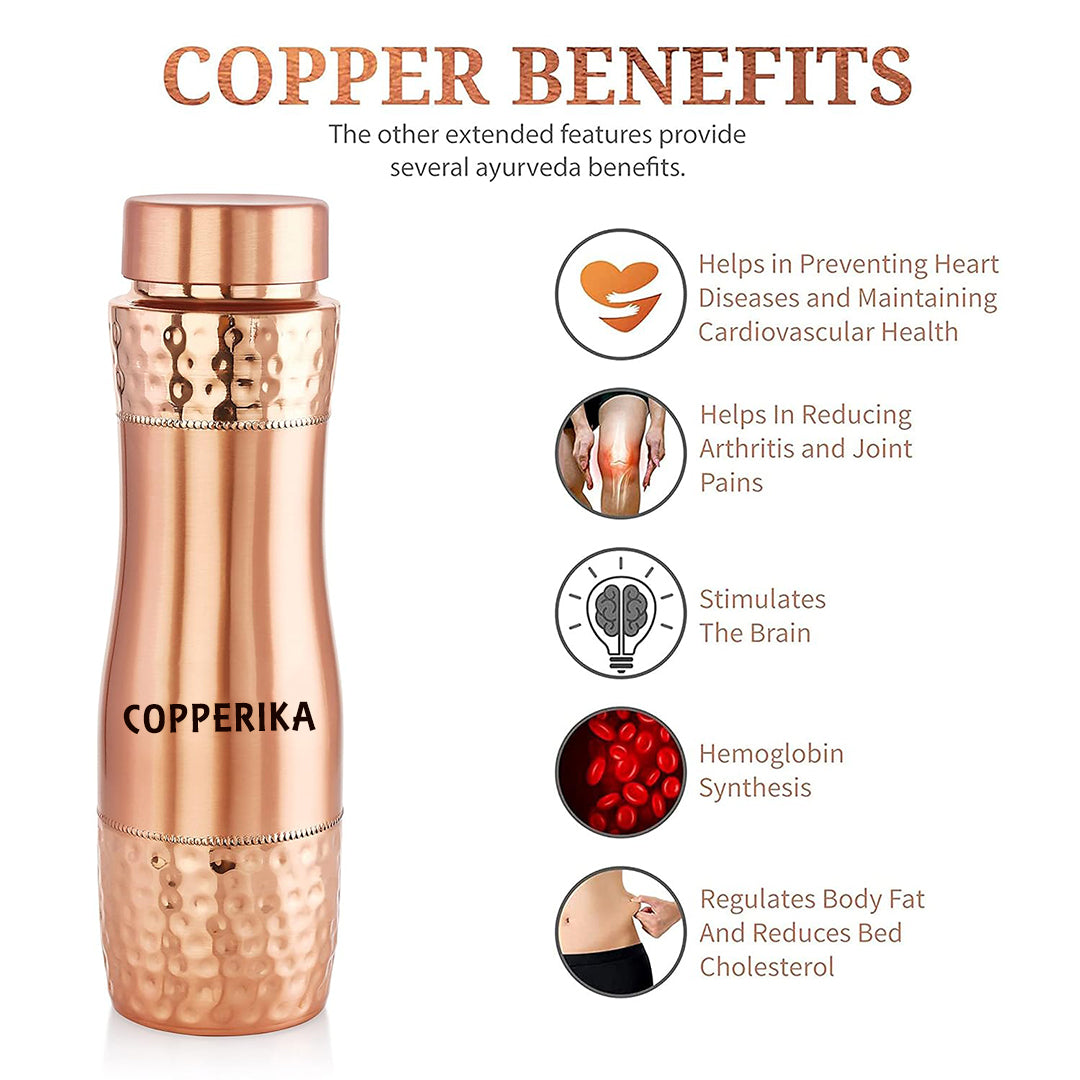 Copperika Premium Gift Set Pure Copper Water Bottle 1000ml + Copper Glass (Pack of 2-300ml Each) Original Heavy Build |BPA Free With Ayurvedic & Other Health Benefits For Home, Office, & Travel