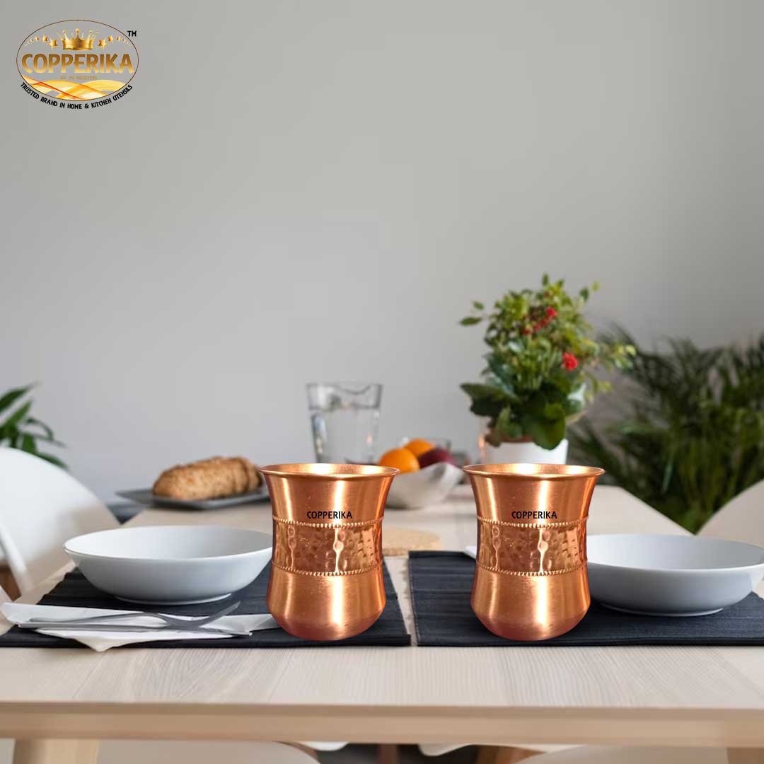 Copperika Original 100% Pure Copper Half Hammered Glass with Matt Finish Design Volume- 300 ml Each | Drinking Serving Water | Heavy Build | Eco Friendly with Ayurvedic & Other Health Benefits