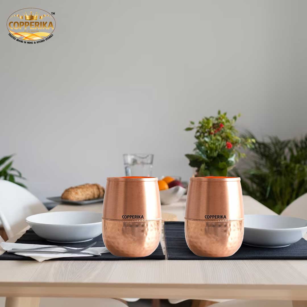 Copperika Original 100% Pure Copper Damru Half Hammered Glass with Matt Finish Design Volume- 300 ml Each | Drinking Serving Water | Heavy Build | Eco Friendly with Ayurvedic & Other Health Benefits