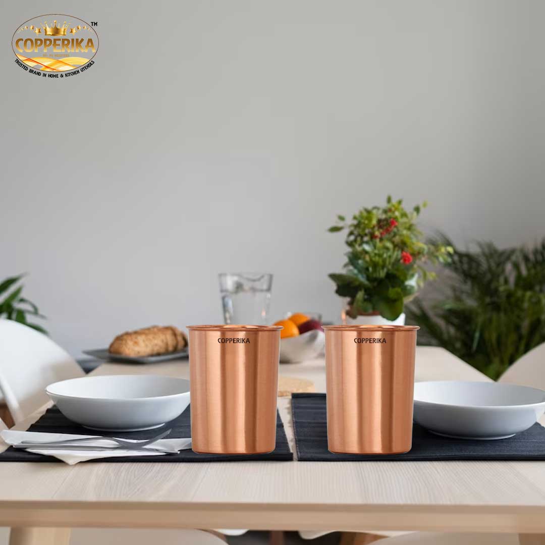 Copperika Original 100% Pure Copper Plain Glass with Matt Finish Design Volume- 300 ml Each | Drinking Serving Water | Heavy Build | Eco Friendly with Ayurvedic & Other Health Benefits