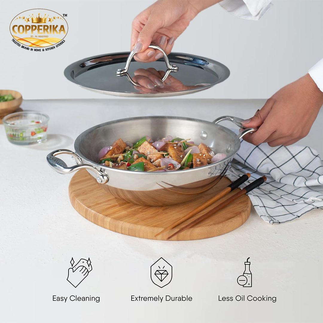 Copperika TriPro TriPly Stainless Steel 24cm Kadai with Stainless Steel Lid, 3 Litres Kadhai with Lid| Metal Spatula Friendly| Easy to Clean| Heavy Build| Induction Bottom and Gas Stove Ready - Silver