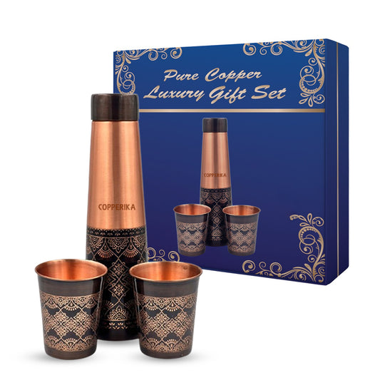 Copperika Luxurious 100% Pure Diwali Gift Set Copper Water Bottle 1 litre + Copper Glass (Pack of 2-300ml Each) Original Heavy Build | Gifting Set | Gift Item | Marriage | Anniversary For All Users