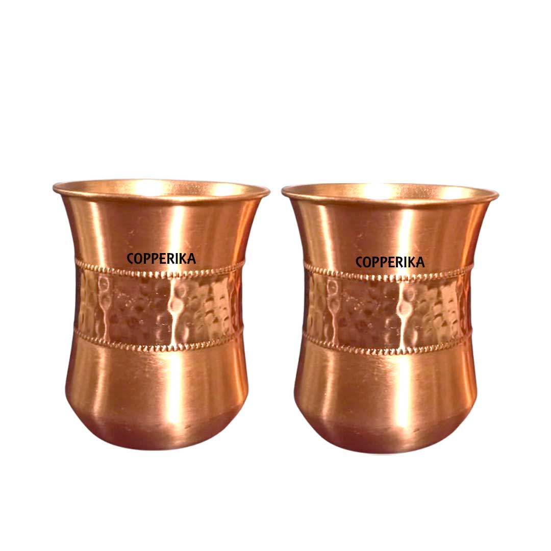 Copperika Original 100% Pure Copper Half Hammered Glass with Matt Finish Design Volume- 300 ml Each | Drinking Serving Water | Heavy Build | Eco Friendly with Ayurvedic & Other Health Benefits