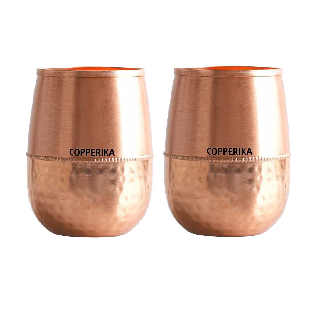Copperika Original 100% Pure Copper Damru Half Hammered Glass with Matt Finish Design Volume- 300 ml Each | Drinking Serving Water | Heavy Build | Eco Friendly with Ayurvedic & Other Health Benefits