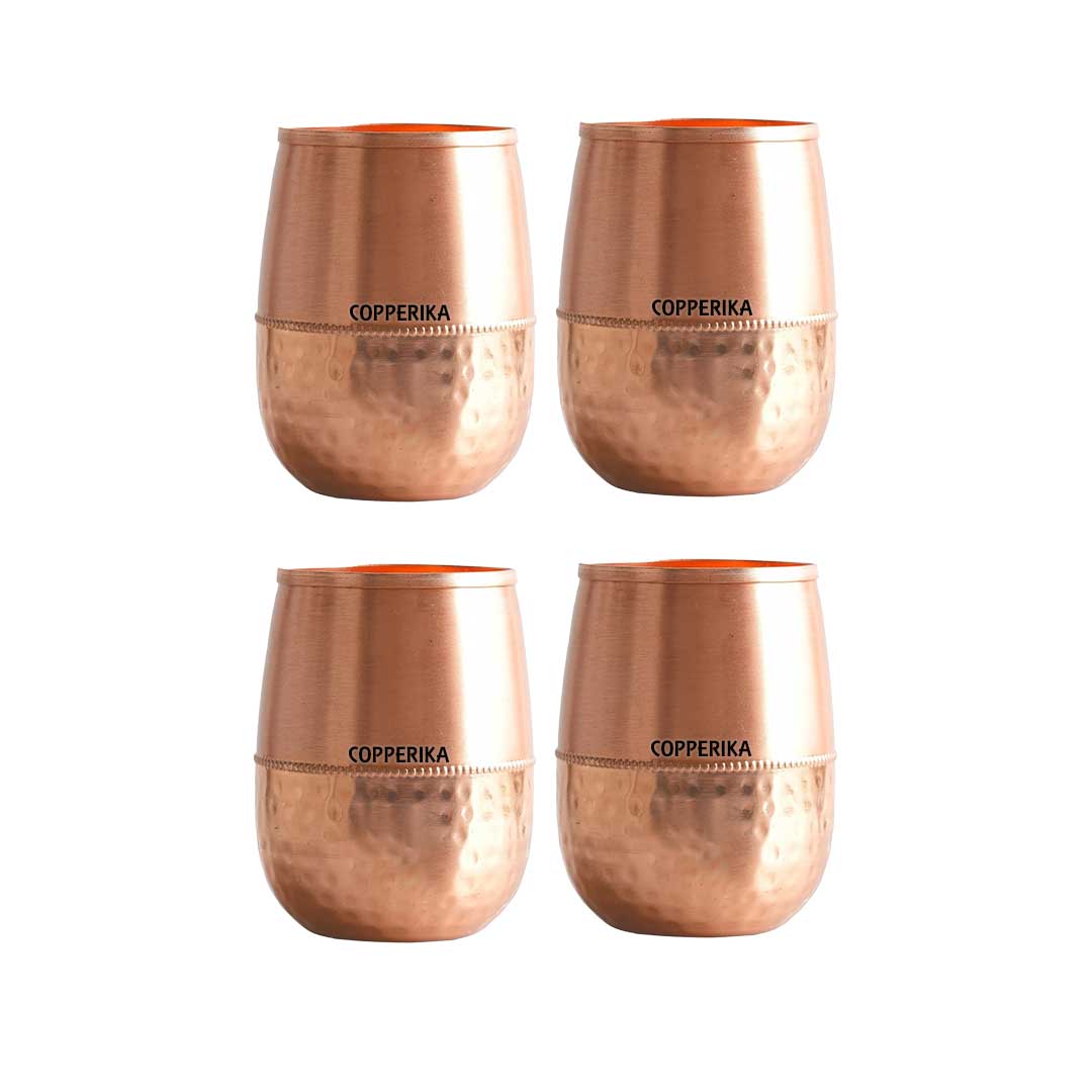Copperika Original 100% Pure Copper Damru Half Hammered Glass with Matt Finish Design Volume- 300 ml Each | Drinking Serving Water | Heavy Build | Eco Friendly with Ayurvedic & Other Health Benefits