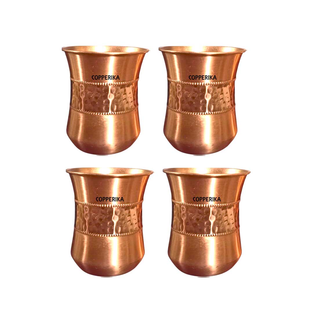 Copperika Original 100% Pure Copper Half Hammered Glass with Matt Finish Design Volume- 300 ml Each | Drinking Serving Water | Heavy Build | Eco Friendly with Ayurvedic & Other Health Benefits