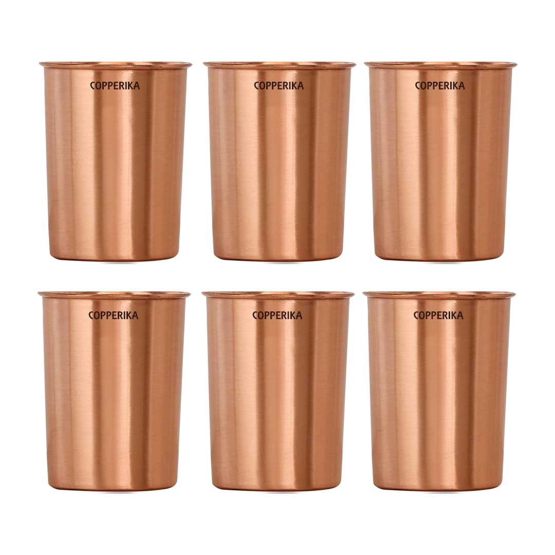 Copperika Original 100% Pure Copper Plain Glass with Matt Finish Design Volume- 300 ml Each | Drinking Serving Water | Heavy Build | Eco Friendly with Ayurvedic & Other Health Benefits