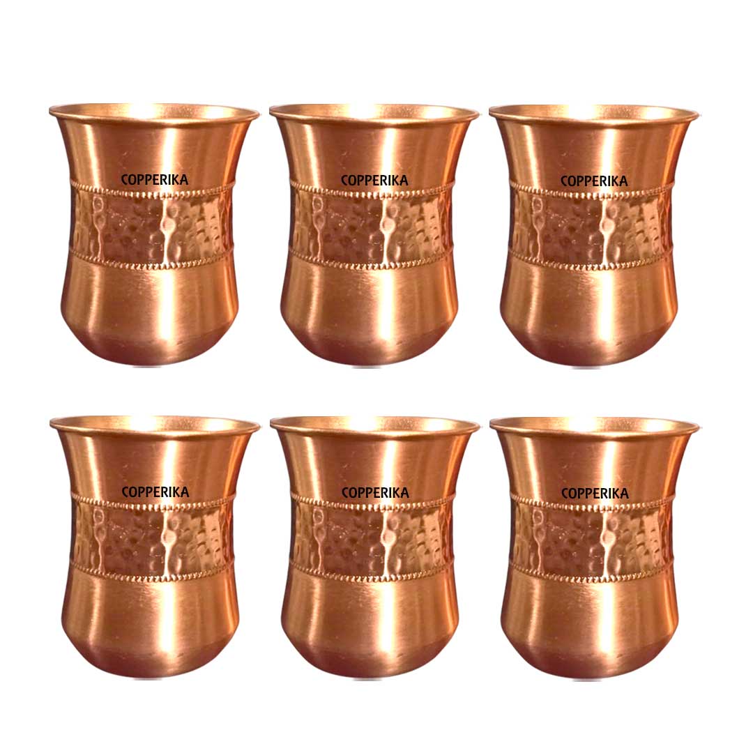 Copperika Original 100% Pure Copper Half Hammered Glass with Matt Finish Design Volume- 300 ml Each | Drinking Serving Water | Heavy Build | Eco Friendly with Ayurvedic & Other Health Benefits