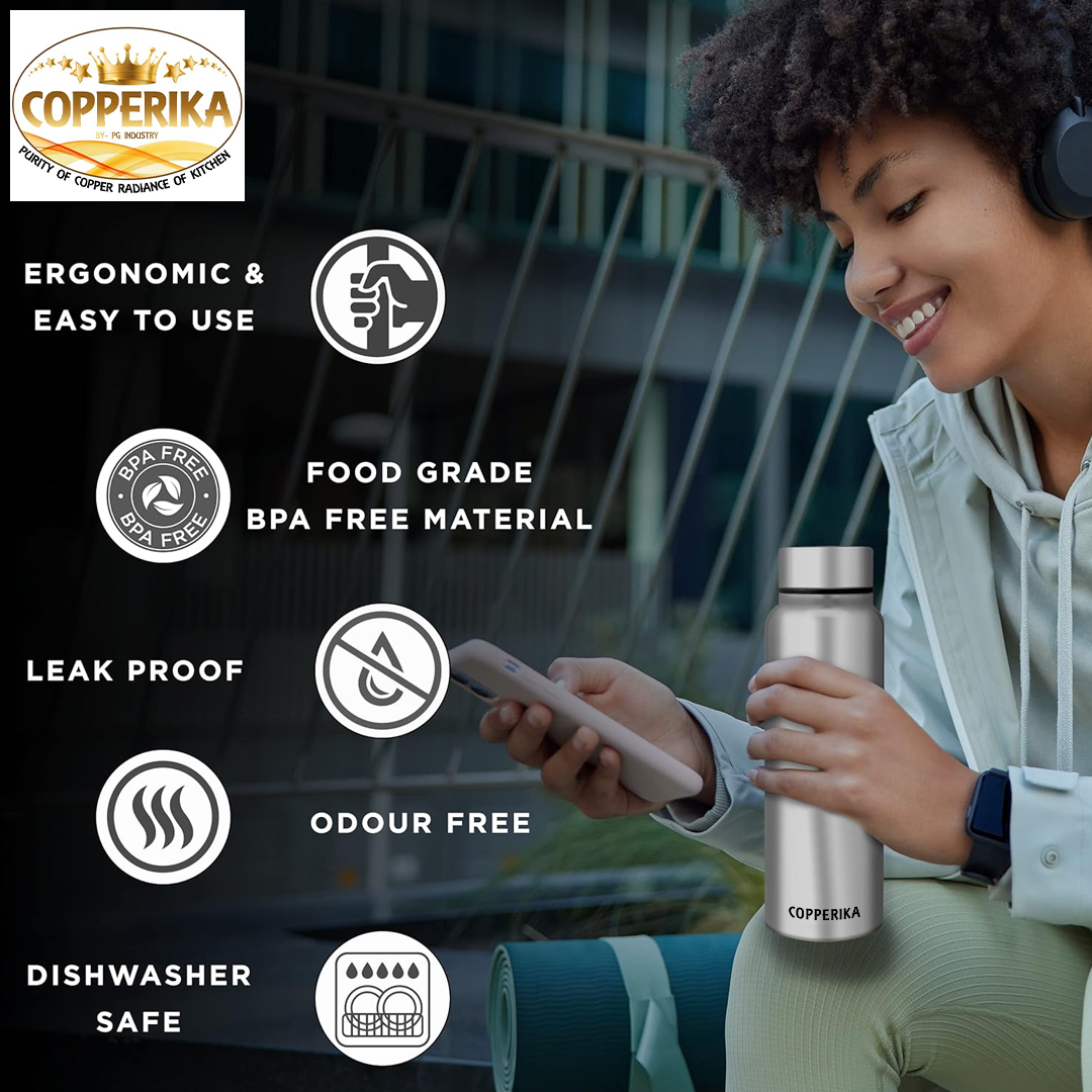 Copperika Premium Stainless Steel Water Bottle (1 litre - 1000ml) BPA Free | Rust Free | 100% Leak Proof | Heavy Build | Light Weight | For Home, Office, Travel, School, Kids & Yoga
