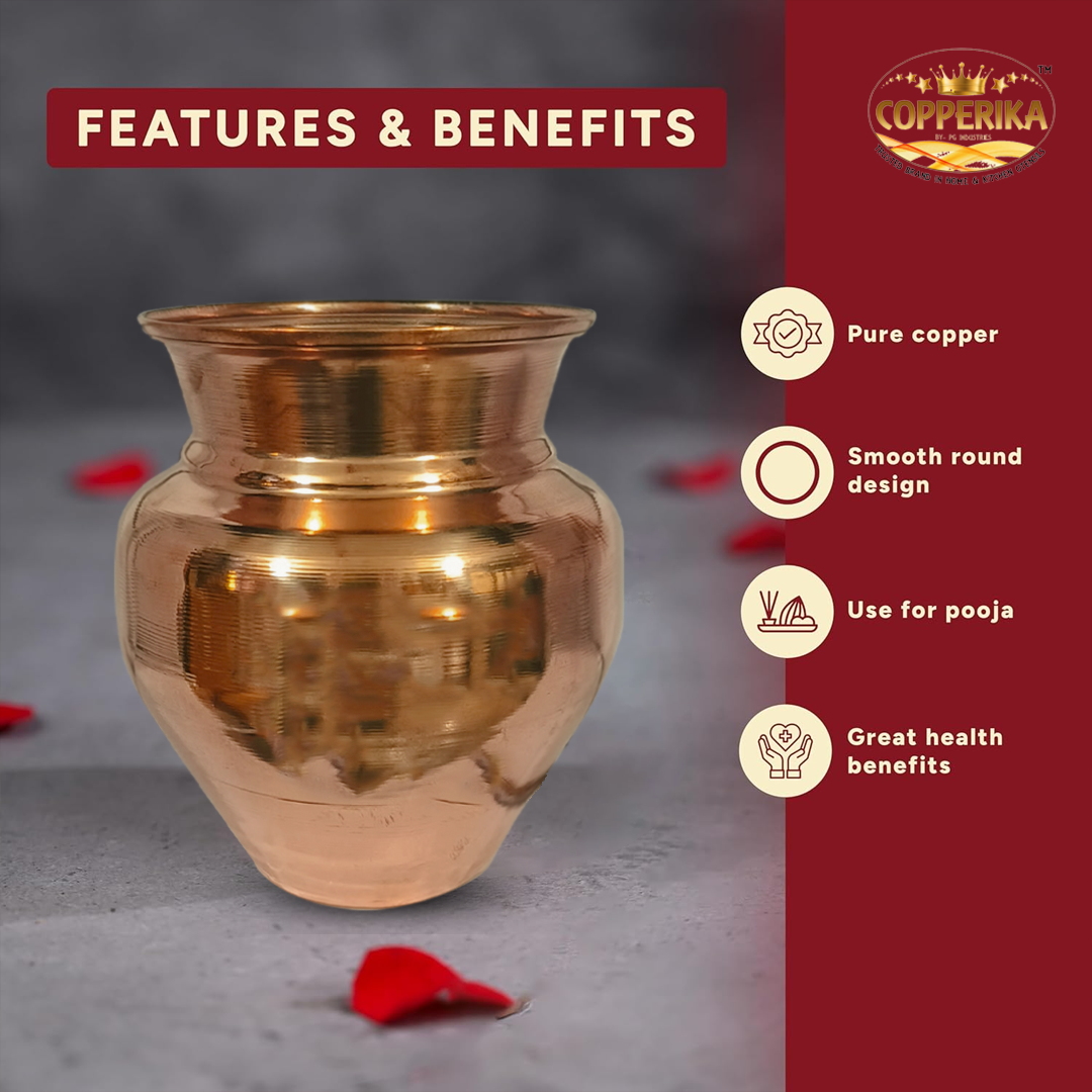 Copperika Pure Copper Kalash 1000ml Medium Size for Pooja & Drinking Water | Heavy Build | Copper Puja Lota for Festivals | Mangal Kalash | for Poojan Worship Temple Home | Light Weight