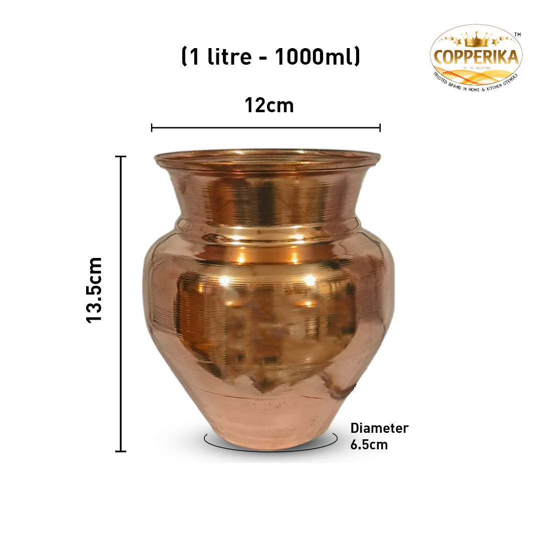 Copperika Pure Copper Kalash 1000ml Medium Size for Pooja & Drinking Water | Heavy Build | Copper Puja Lota for Festivals | Mangal Kalash | for Poojan Worship Temple Home | Light Weight