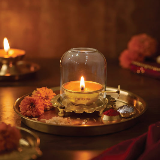 Copperika Brass Akhand Jyoti Diya Oil Lamp with Adjustable Bati Knob | Lifting Screw Wick Holder & Borosilicate Glass Cover | Brass Diya Stay Lit for 48 Hours