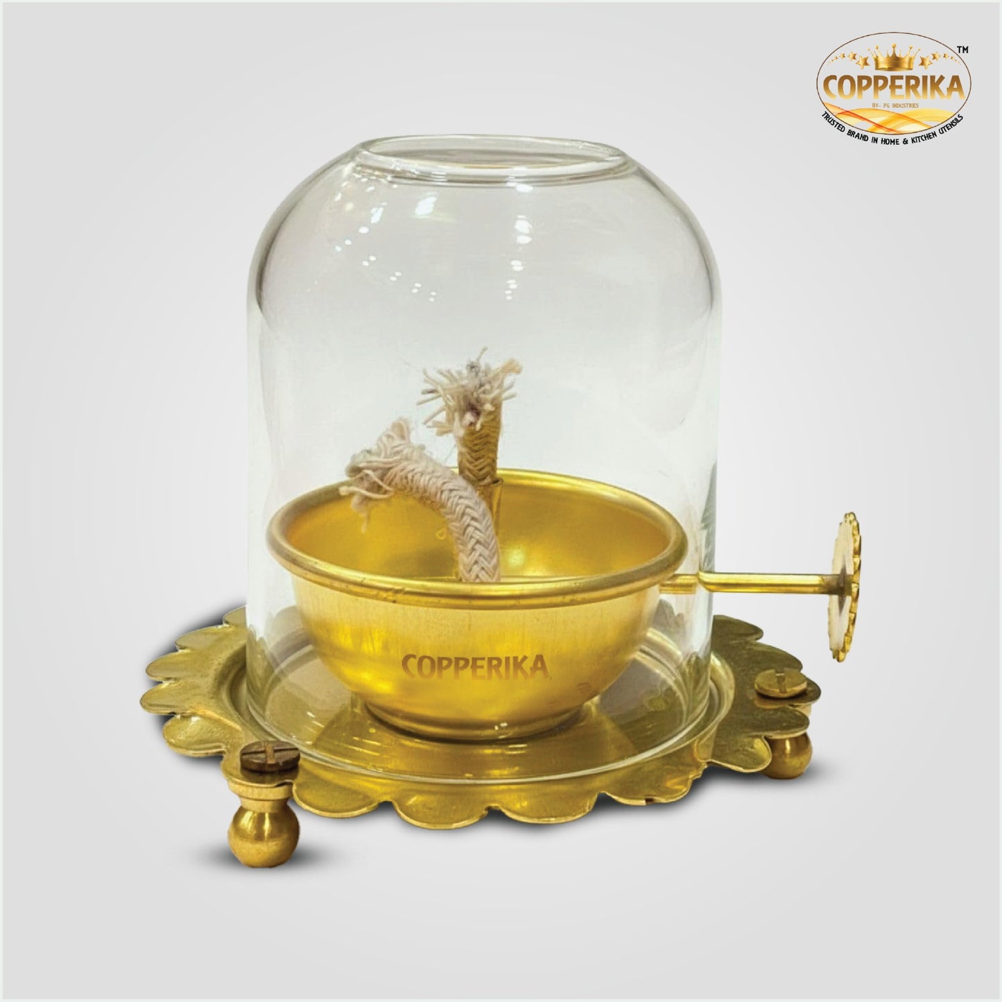 Copperika Brass Akhand Jyoti Diya Oil Lamp with Adjustable Bati Knob | Lifting Screw Wick Holder & Borosilicate Glass Cover | Brass Diya Stay Lit for 48 Hours